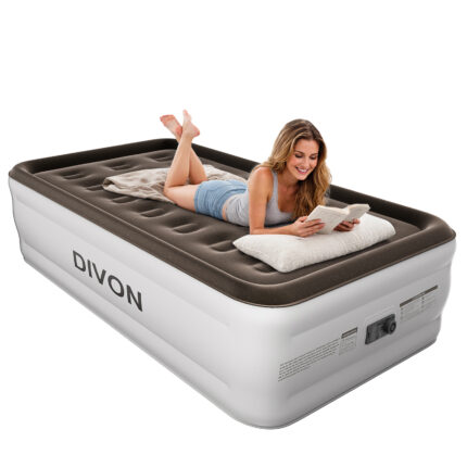 DIVON Twin Air Mattress with Built in Pump Raised, 2 Min Self Inflatable Mattress, 18’’ Blow up Mattress for for Guest, Camping, Travel & Floor, 330 LBS, Brown